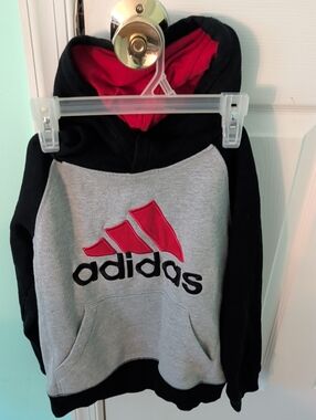 adidas Kids Black & Gray Hoodie with Red Logo and Lined Hood